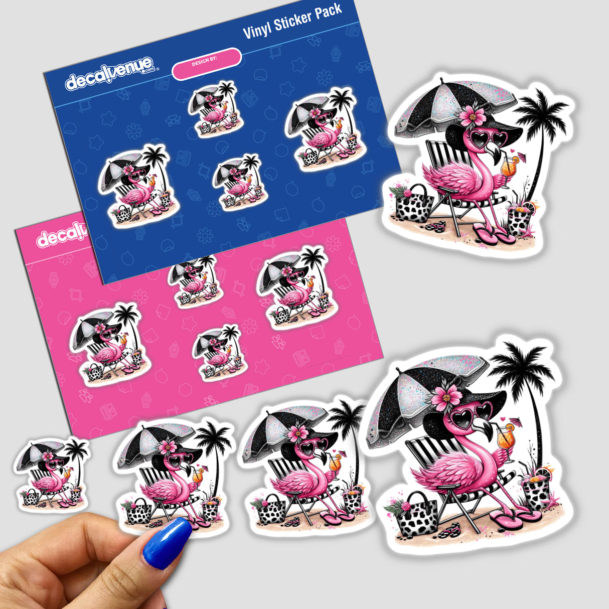 Sassy Beach Flamingo All That Glitters is Pink sticker featuring a cartoon flamingo lounging on a beach chair with sunglasses and a drink, part of a playful sticker pack.