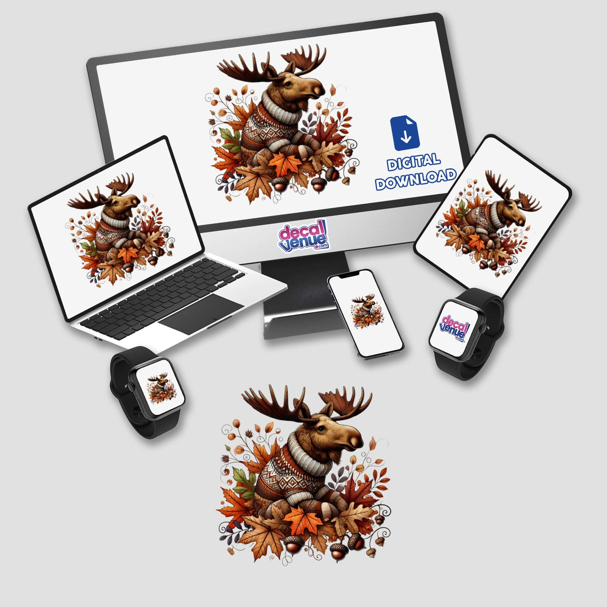 Cozy digital artwork of a moose in an autumn sweater, showcased on various digital devices from the Decal Venue store.