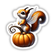 Squirrel with Wings Standing on Pumpkin, available as stickers or digital artwork, depicting a whimsical cartoon squirrel perched on a pumpkin, perfect for Halloween-themed decor or creative projects.