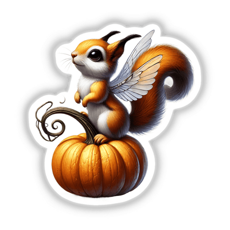 Squirrel with Wings Standing on Pumpkin, available as stickers or digital artwork, depicting a whimsical cartoon squirrel perched on a pumpkin, perfect for Halloween-themed decor or creative projects.
