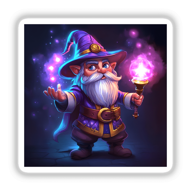 Fantasy Wizard with Vibrant Arcane Magic Effects: A cartoon wizard holding a wand, casting spell effects. Available as stickers or digital artwork from Decal Venue.