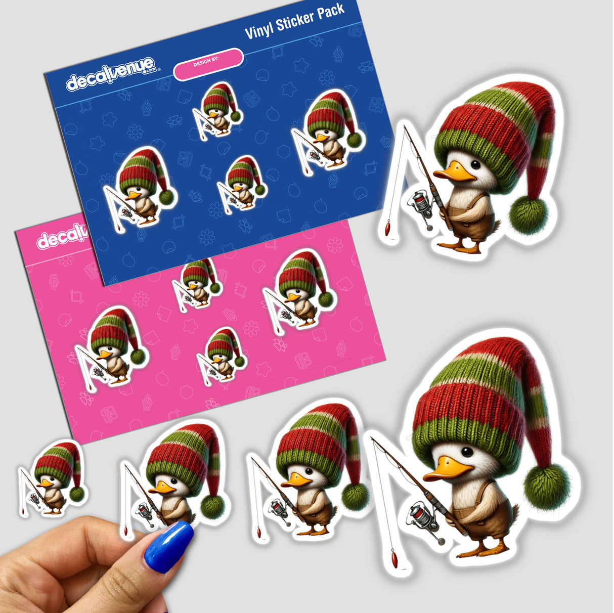 Sticker pack titled Duck Gnome Fishing featuring cartoon ducks wearing hats and holding fishing poles, available as stickers or digital artwork.
