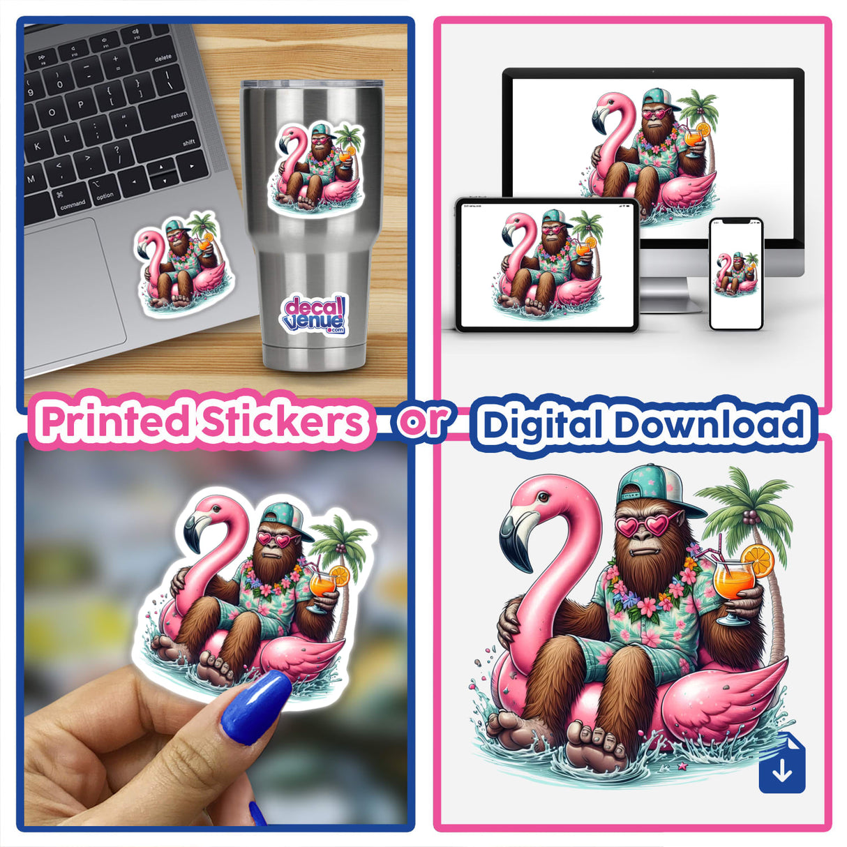 Sasquatch Floating in Flamingo Float: A collage features a cartoon gorilla on a flamingo float, available as stickers or digital artwork, displayed on laptops and cups, embodying Decal Venue's unique style.