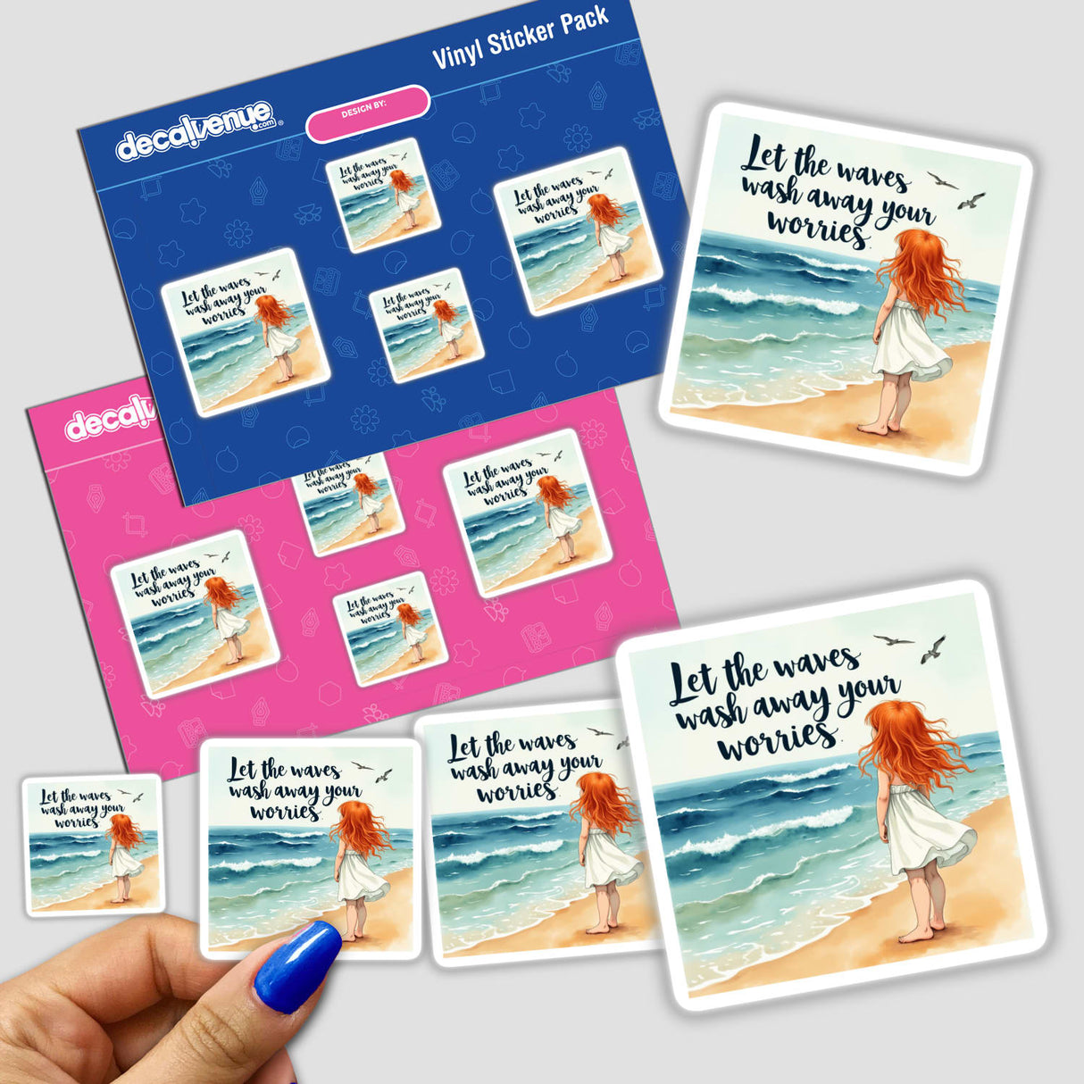 Sticker pack featuring Young Girl on a Beach – Let the waves wash away your worries, depicting a cartoon girl on a beach. Available as stickers or digital artwork.
