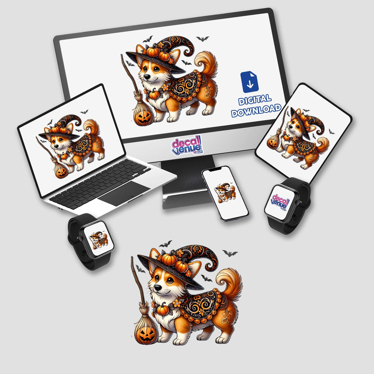 Adorable Corgi dog wearing a witch hat, surrounded by pumpkins and bats, across multiple digital device mockups for the Decal Venue online store.
