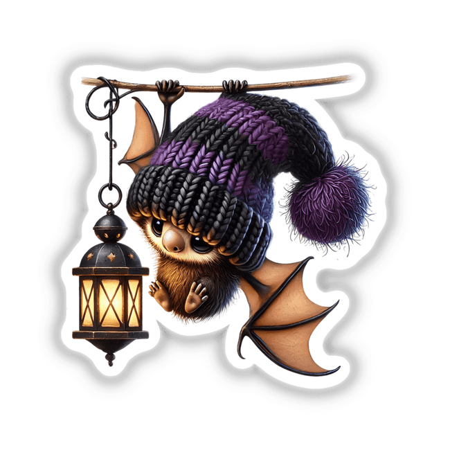 Cartoon bat gnome with a hat, holding a lantern. Available as stickers or digital artwork.