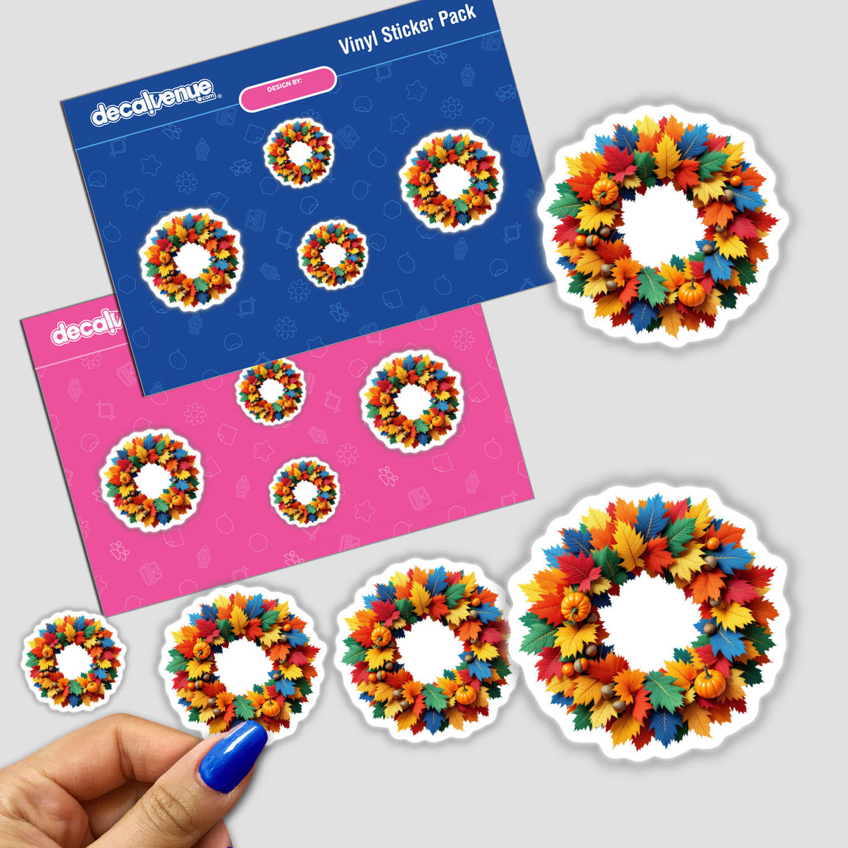 Vibrant Autumn Leaves Harvest Wreath Knit Fabric Style, featuring colorful leaf and pumpkin designs, available as stickers or digital artwork, perfect for seasonal decoration from Decal Venue.