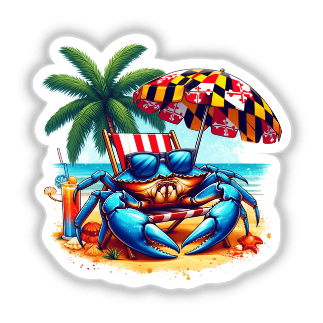 Maryland Shore Blue Crab Sitting on Beach III features a blue crab lounging on a beach chair under a Maryland flag umbrella, ideal as a sticker or digital art for summer vibes.