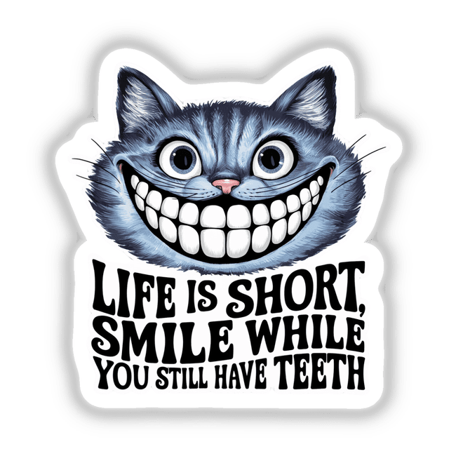 Whimsical cat digital artwork with an inspirational quote: "Life is short, smile while you still have teeth"