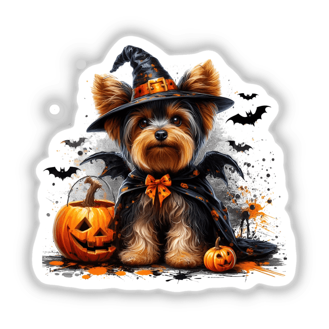 Halloween Yorkie Dog in Dracula Costume featuring a dog dressed in a hat and cape, surrounded by pumpkins and bats, available as stickers or digital artwork from Decal Venue.