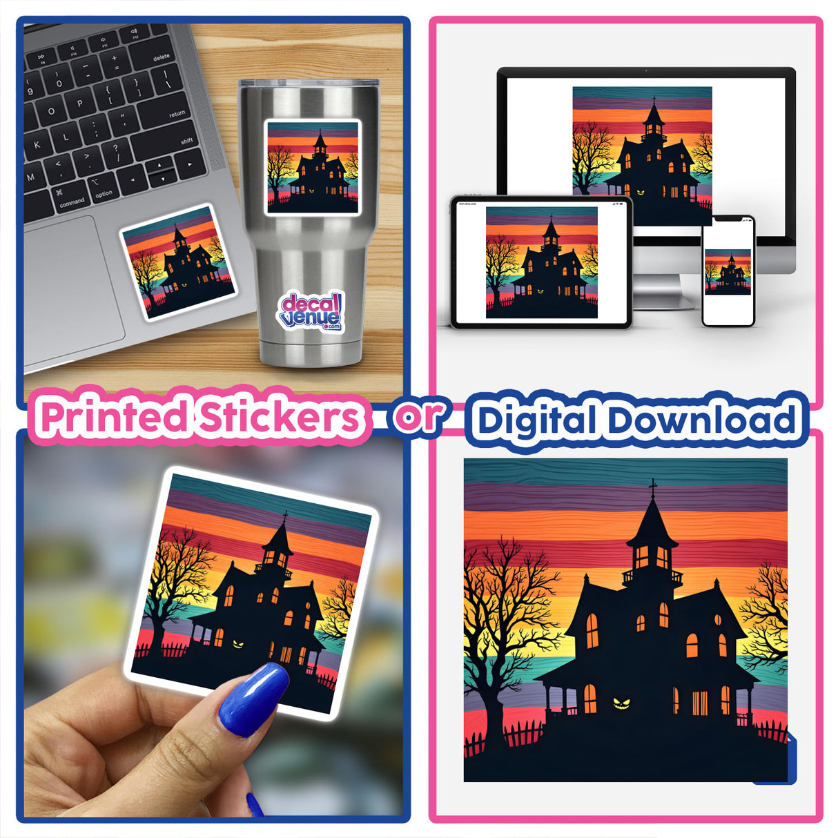 Haunted House Silhouette with Vibrant Stripes displayed on a laptop and available as stickers or digital artwork.