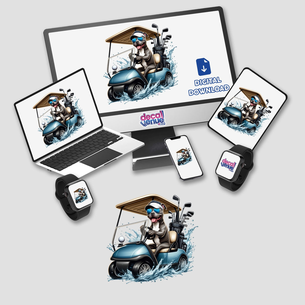 Pitbull Dog Driving Golf Cart digital artwork and stickers, featuring a cartoon pitbull with sunglasses joyfully steering a golf cart, showcased on a computer monitor and various devices.