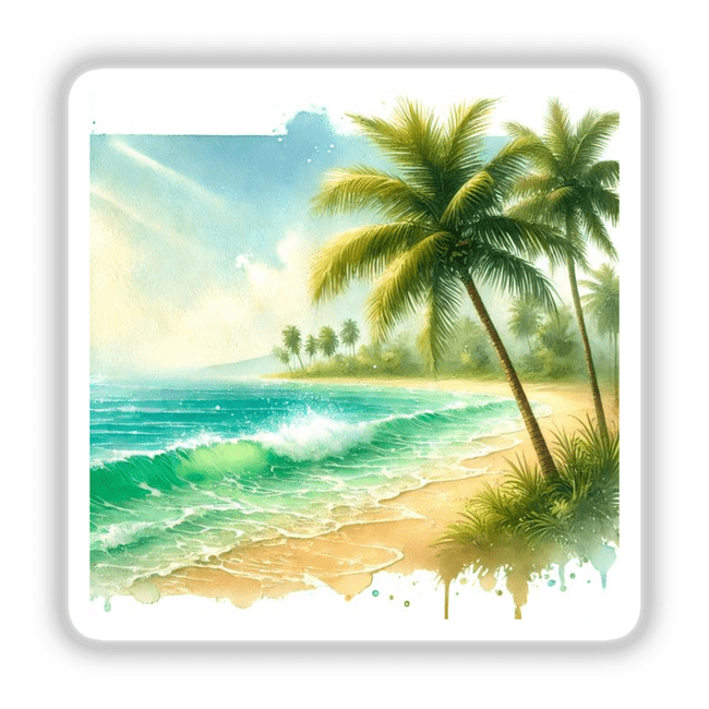 Tropical Paradise - Watercolor Palms and Ocean Waves: A detailed painting of a beach with palm trees, highlighting serene ocean waves and a tranquil sky, available as stickers or digital artwork.