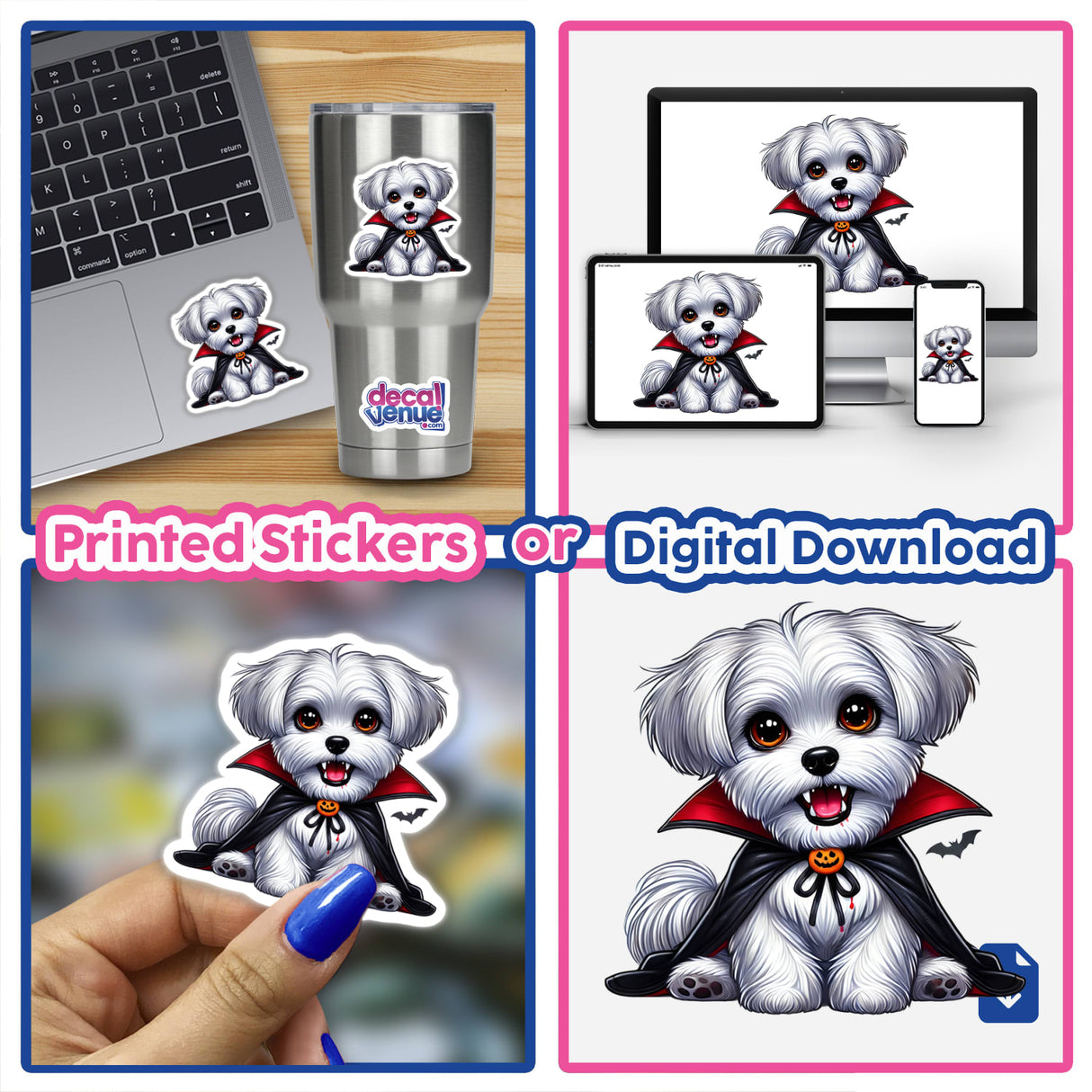 Vampire Maltese Dog with Fangs - Adorable digital artwork of a cute Maltese dog with vampire fangs, displayed on various products and devices, including a laptop, smartphone, and sticker.