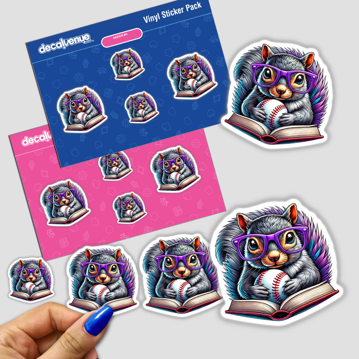 Sticker of a squirrel wearing purple glasses, reading a book, and holding a baseball, titled Squirrel Reading a Book with Purple Glasses and Baseball, available as a sticker or digital artwork.