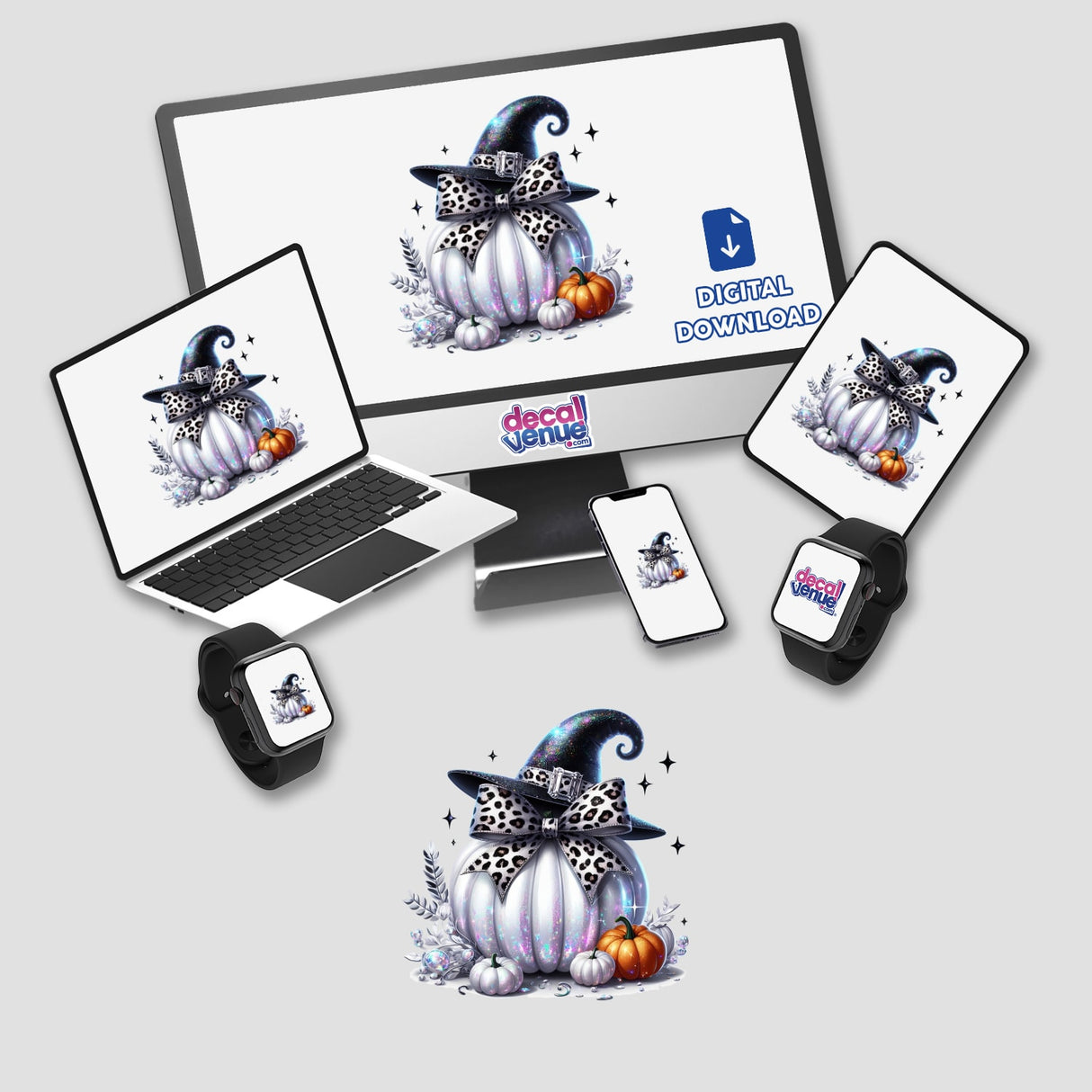 Leopard Coquette Bow Witch Hat Pumpkin displayed on computer monitor and laptop screens as part of Decal Venue's unique stickers and digital artwork collection.