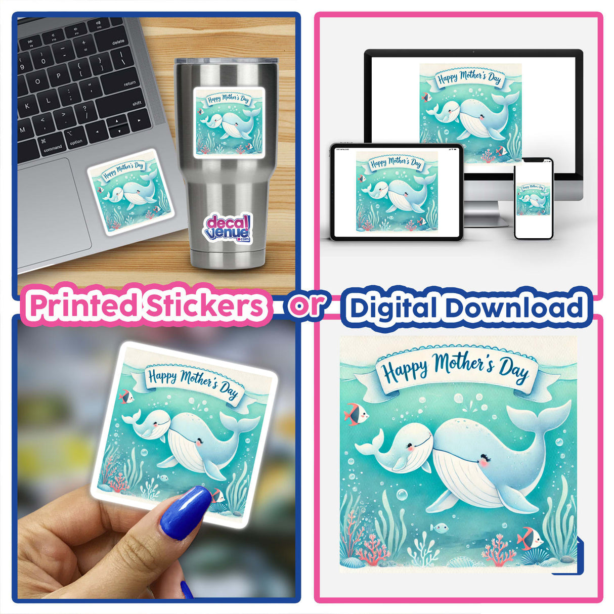 Happy Mothers Day Whales Underwater Illustration featured on a laptop with stickers, showcasing a whimsical ocean scene, available as unique vinyl stickers or digital artwork from Decal Venue.