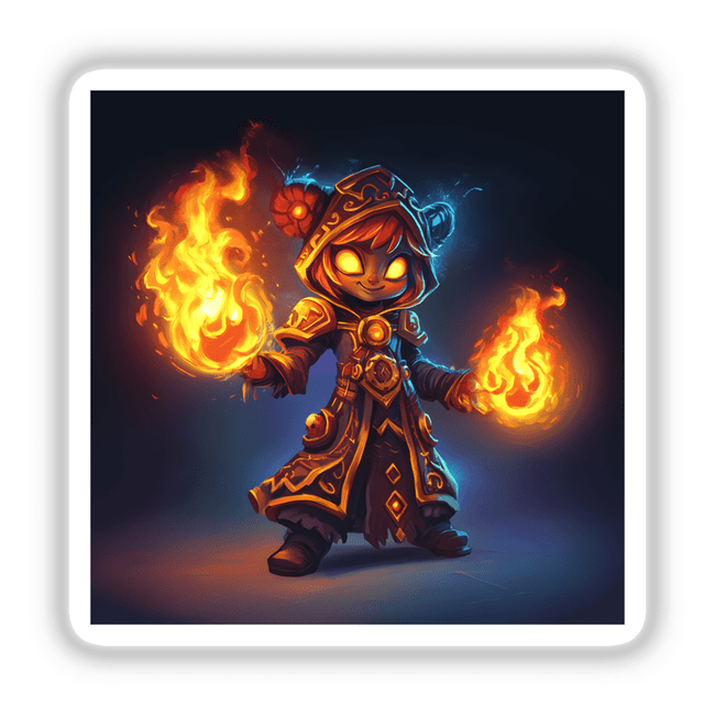 Fire Mage with Summoned Flame Elemental: Cartoon character holding fire in both hands, available as stickers or digital artwork.