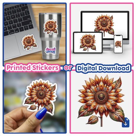 Radiant Sunflower Art collage featuring detailed close-ups of sunflower stickers on various items, including a laptop, cup, and phone screen. Available as stickers or digital artwork.