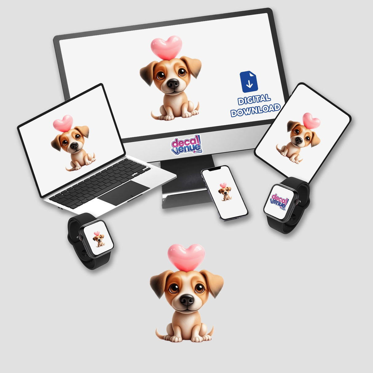 a dog with a heart on its head sitting in front of a computer