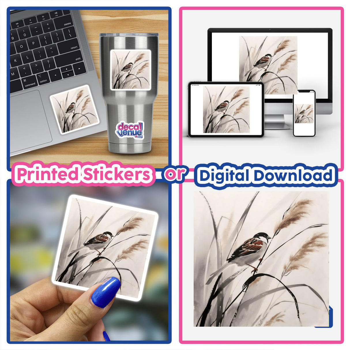 Sumi-e Sparrow on Reed Delicate Japanese Watercolor Scene, available as stickers or digital artwork, depicts a graceful sparrow perched on a reed, capturing the essence of traditional Japanese art.