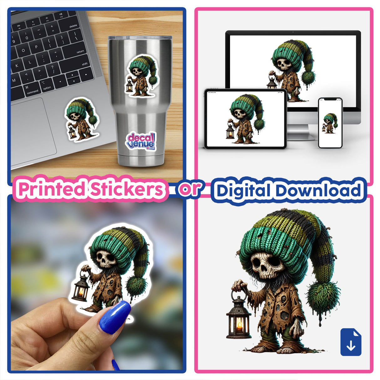 Zombie Gnome Holding Lantern sticker collage featuring a cartoon skeleton with a lantern, close-ups of fingers and computer setup with character stickers. Available as stickers or digital artwork.