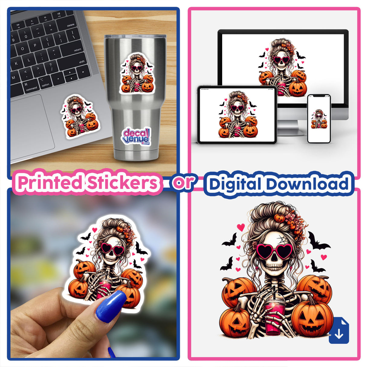 Spooky skeleton lady with pumpkins and bats - Halloween digital artwork and stickers from Decal Venue, featuring a colorful, festive design for decorating devices, apparel, and more.