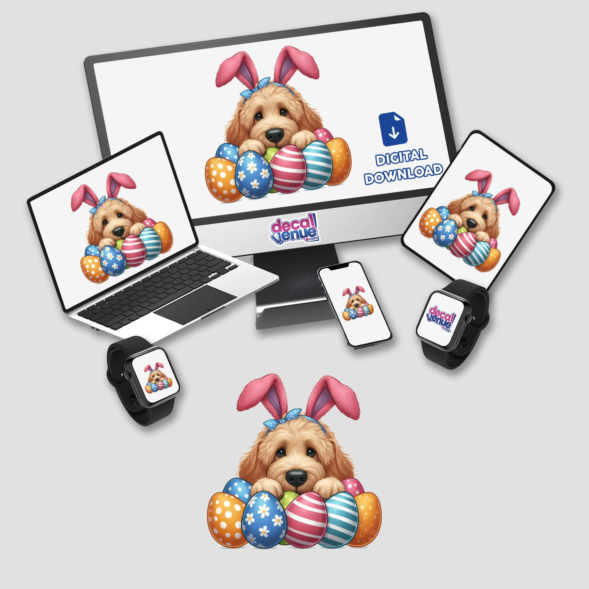 Peeking Easter Goldendoodle Dog with bunny ears and colorful eggs, available as stickers or digital artwork. Seen on computer monitor and laptop screens at Decal Venue.