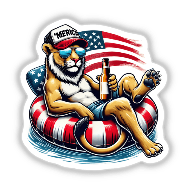 Cartoon of a tiger wearing sunglasses and holding a beer bottle while lounging on a float, titled Mountain Lion American Flag Float Merica. Available as stickers or digital artwork.