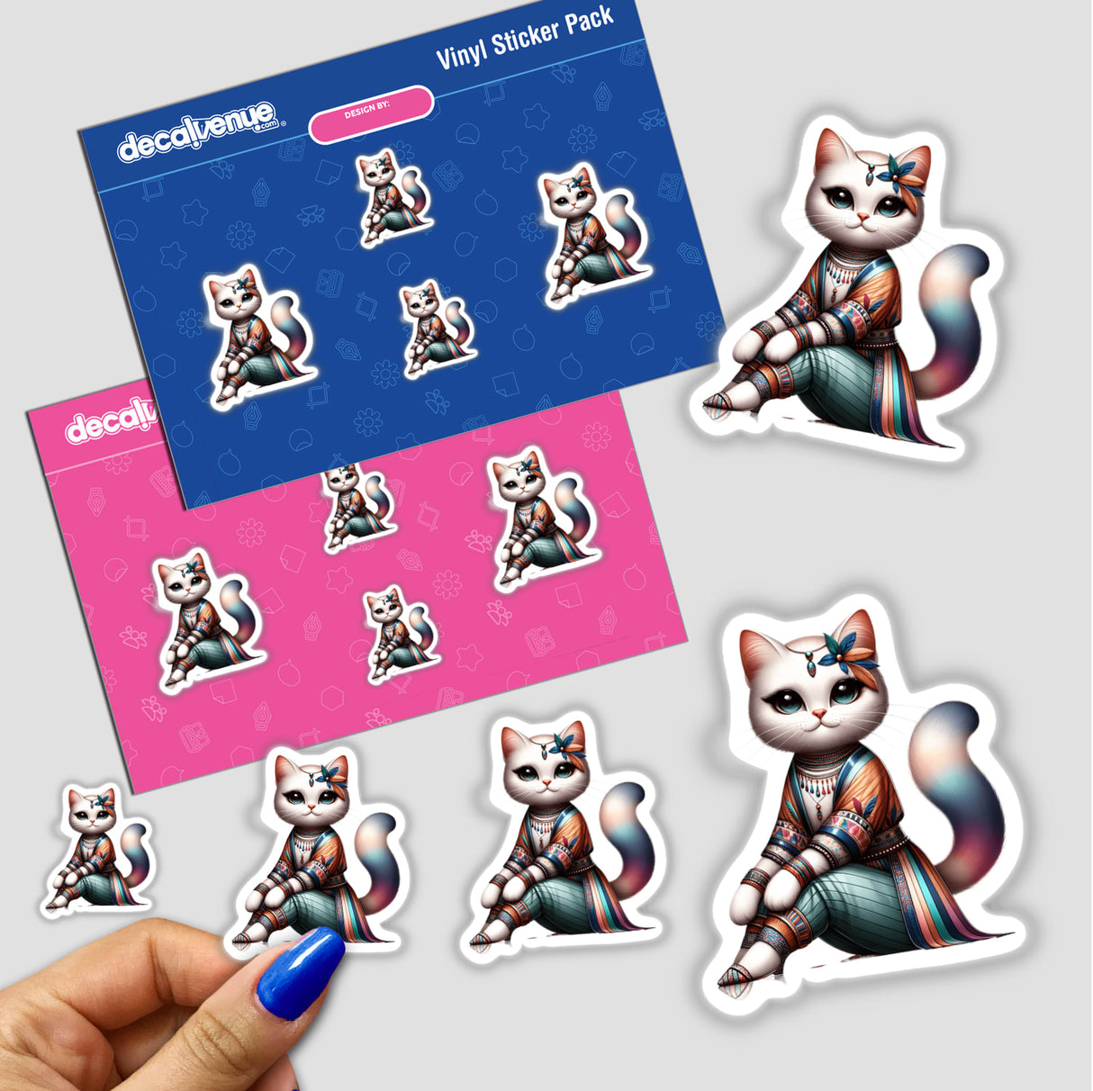 Fashionable Cat stickers featuring a cartoon cat in various poses, including a close-up of a finger applying a sticker. Available as stickers or digital artwork from Decal Venue.