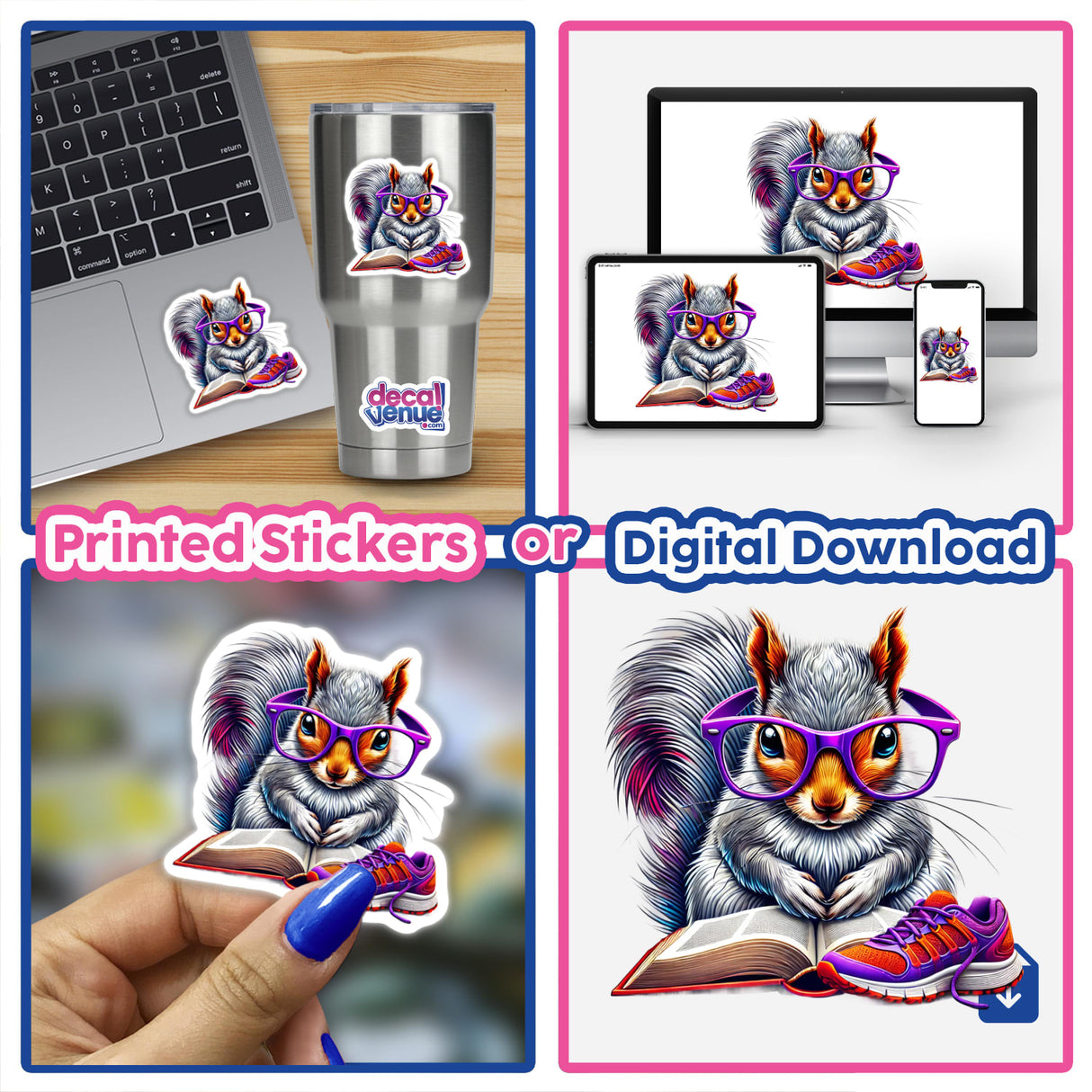 Squirrel Reading a Book with Purple Glasses and Running Shoe sticker collage, showcasing a cartoon squirrel engaged with a book, available as unique vinyl stickers or digital artwork from Decal Venue.