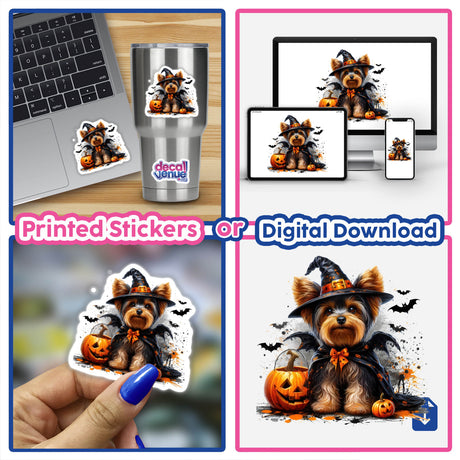 Halloween Yorkie Dog in Dracula Costume sticker collage, featuring a Yorkie in various Dracula outfits.