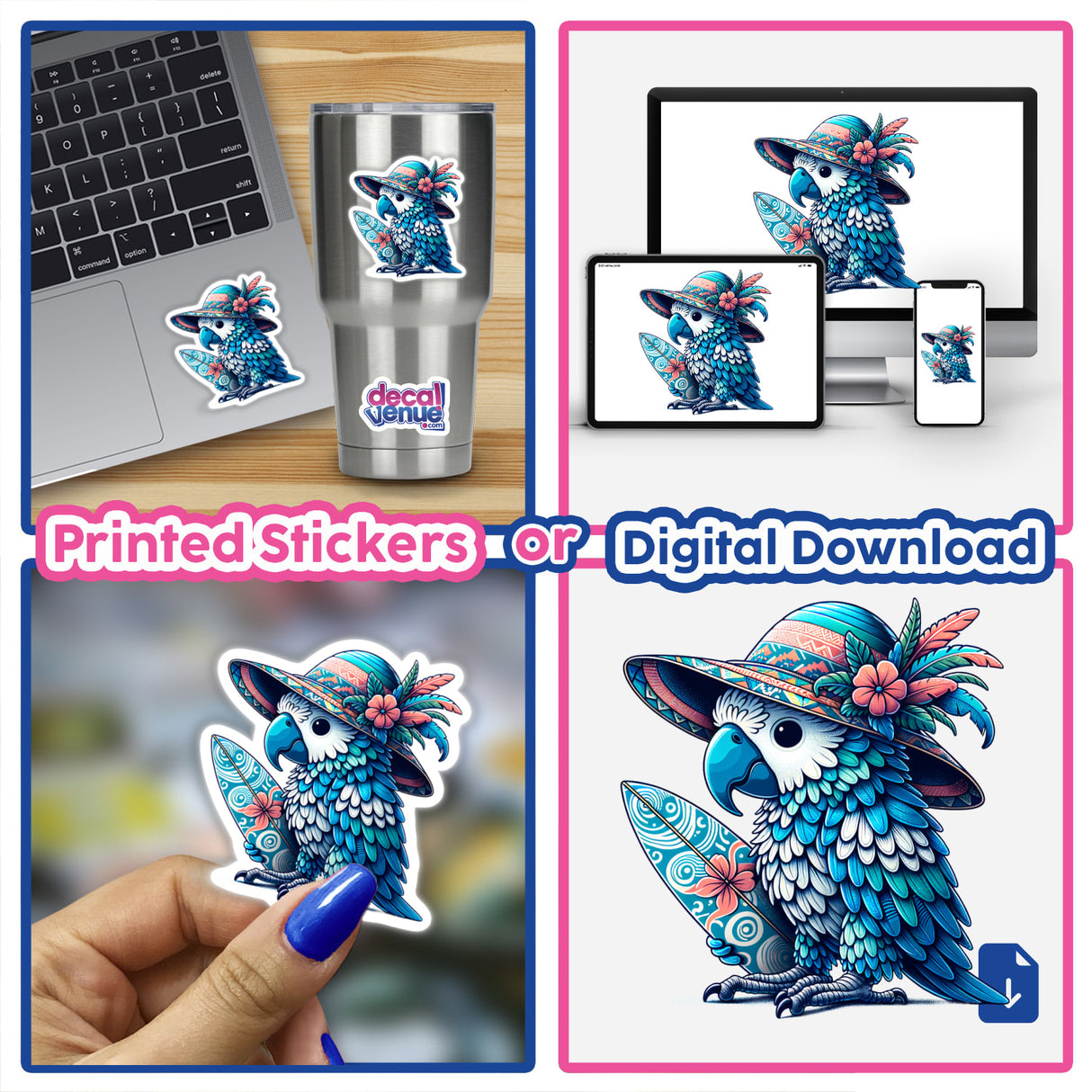 Parrot in Summer Beach Hat with Surfboard