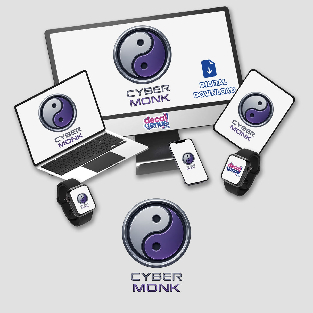 Cyber Monk – RPG-Style Skill Badge featuring a silver and violet digital yin-yang design, available as stickers or digital artwork. Ideal for fans of unique vinyl art from Decal Venue.
