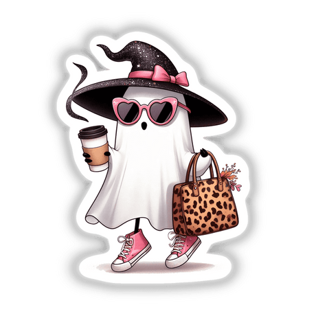 Boujee Ghost Leopard Tote and Sneakers featuring a cartoon ghost holding a bag and coffee cup, with additional illustrations of a dog, pink shoe, hat, and bow. Available as stickers or digital artwork.