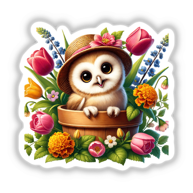 Owl with Hat Peeking Out of Flower Pot