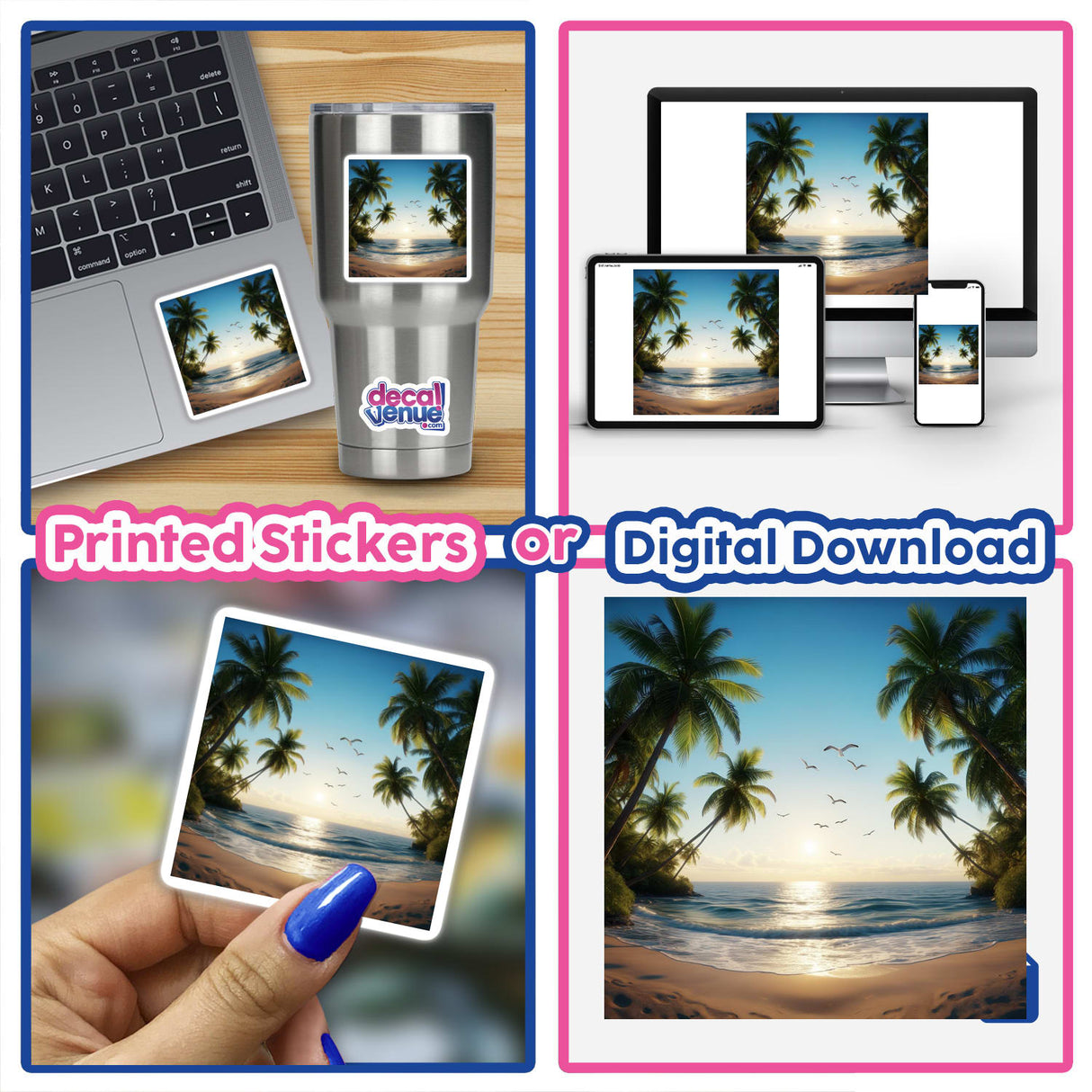Tranquil Sunset Seagulls Over Tropical Beach sticker features a serene beach collage with palm trees and sunset, available as a sticker or digital artwork from Decal Venue.