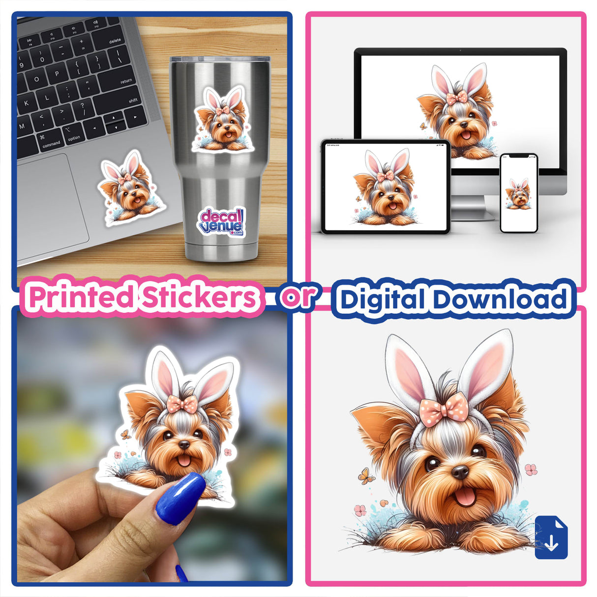 Peeking Yorkie Easter Bunny Ears sticker on a laptop, featuring a cartoon dog with bunny ears. Available as stickers or digital artwork, ideal for adding a playful touch to devices.