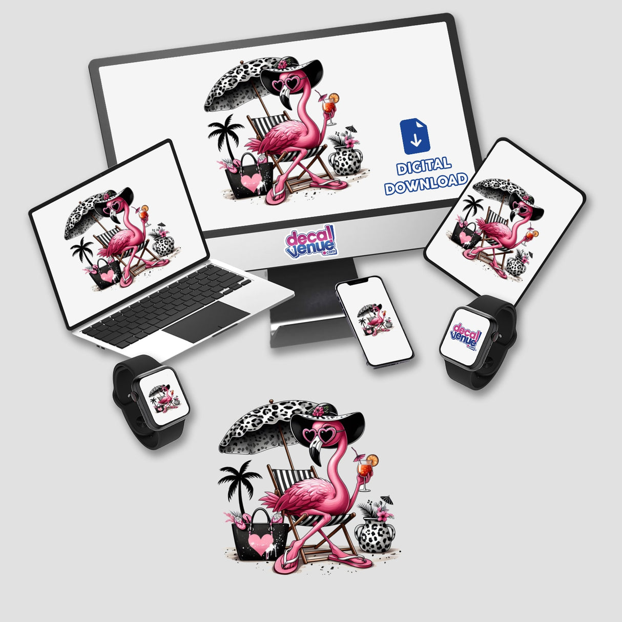 Sassy Flamingo Sitting Under Black Leopard Beach Umbrella design on a monitor and laptop, showcasing vibrant flamingo illustrations available as stickers or digital artwork.
