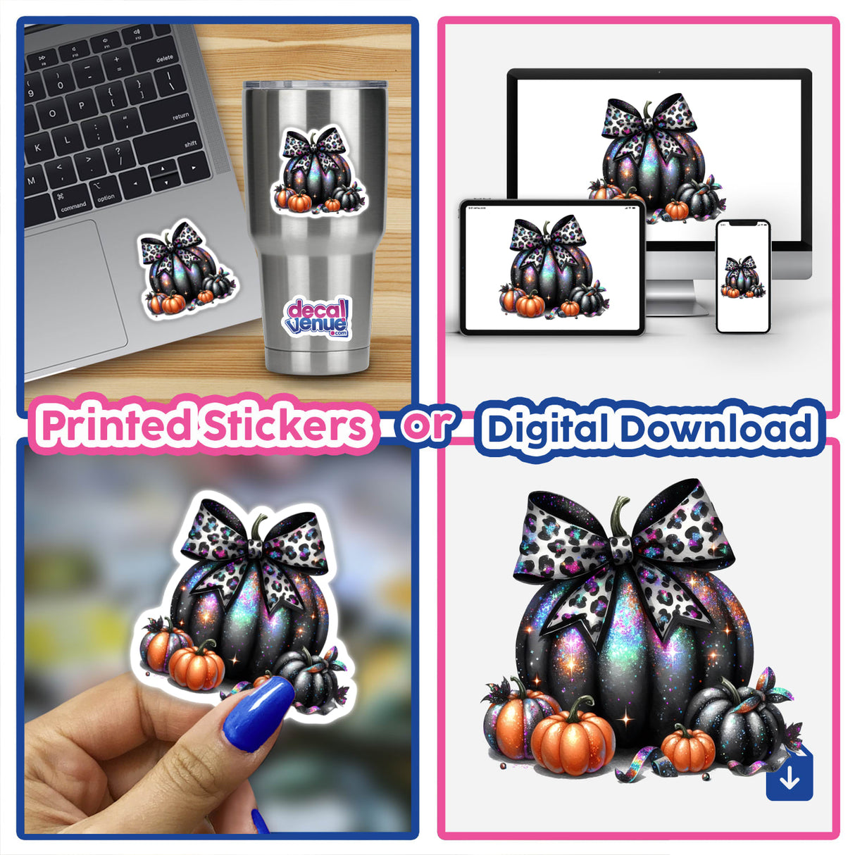 Prismatic Leopard Coquette Bow Pumpkin sticker on a laptop, featuring a close-up of a hand holding the sticker and various digital artwork elements, including pumpkins and bows.