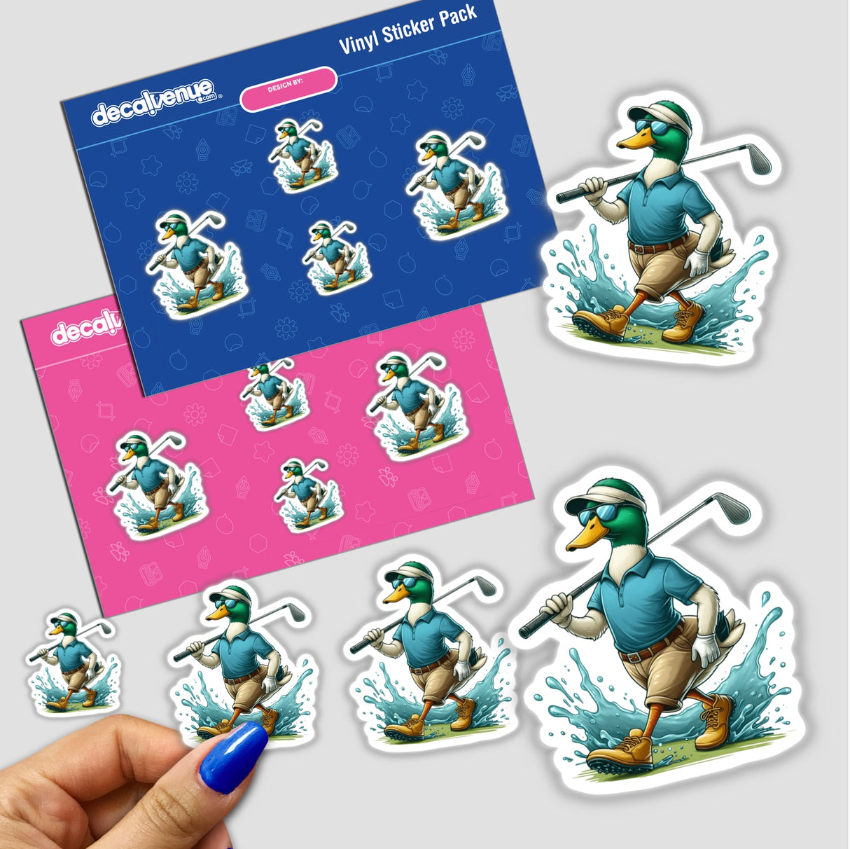 Confident Mallard Duck Golfer sticker pack featuring cartoon ducks with golf clubs, sunglasses, and various playful poses. Available as vinyl stickers or digital artwork from Decal Venue.
