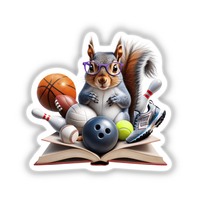 Squirrel wearing purple glasses reads a book, surrounded by various sports balls. Available as stickers or digital artwork titled Squirrel Reading a Book with Purple Glasses and Sports Balls.