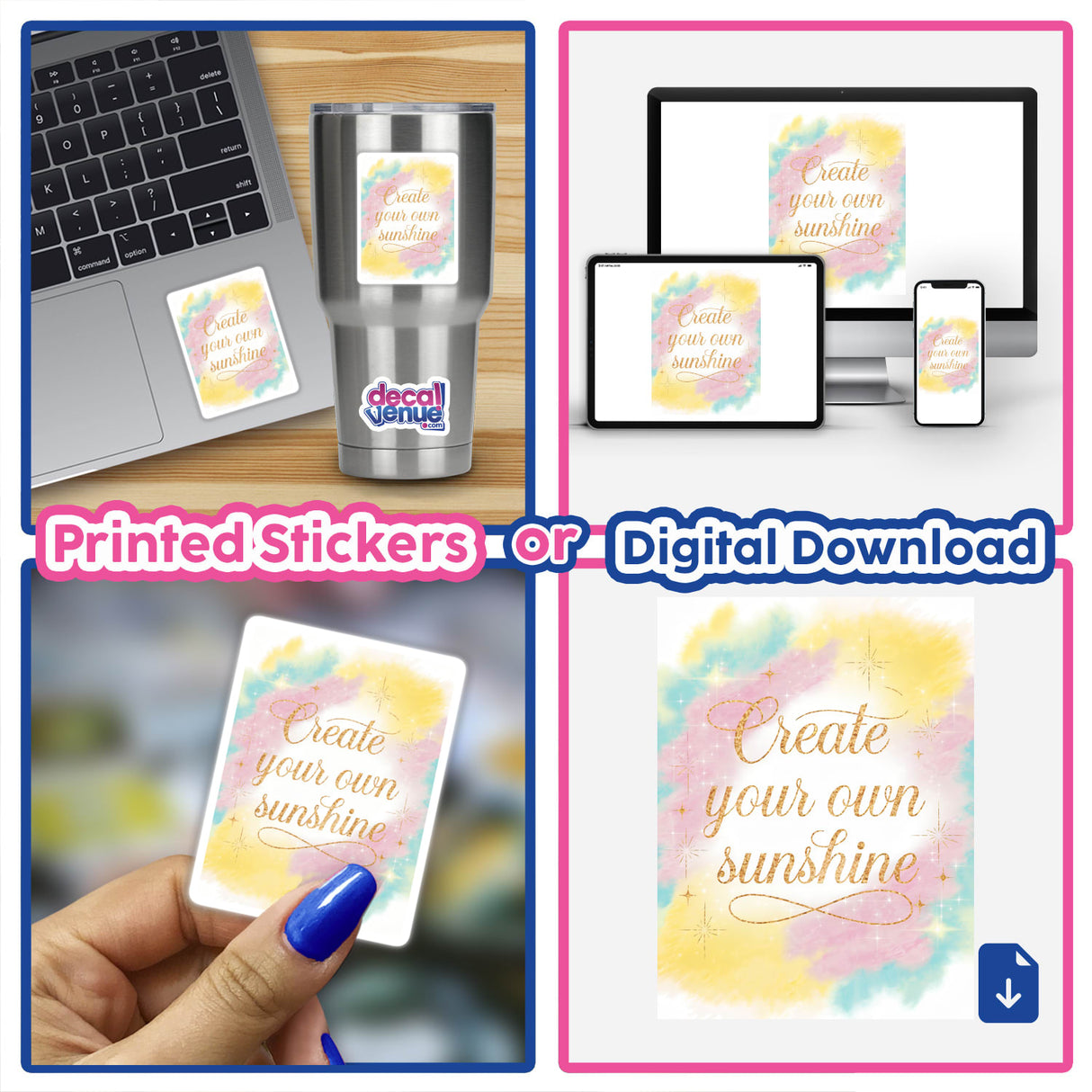 Collage of stickers titled Create your own sunshine, featuring various designs suitable for laptops or as digital artwork, reflecting Decal Venue's unique style.