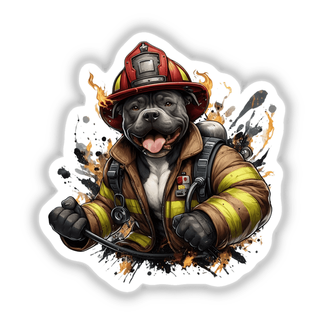 Firefighter Pitbull Dog depicted wearing a firefighter uniform and hat, available as stickers or digital artwork from Decal Venue, showcasing unique vinyl stickers and digital art.