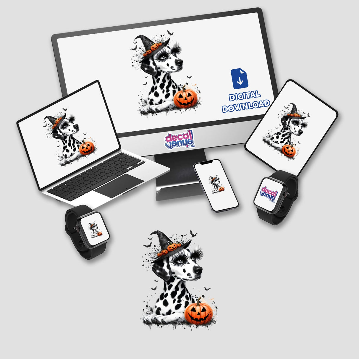 Halloween Dalmatian Dog Pumpkin Splatter: A computer monitor and laptop display a digital artwork of a Dalmatian dog wearing a hat beside a pumpkin, available as stickers or digital art.