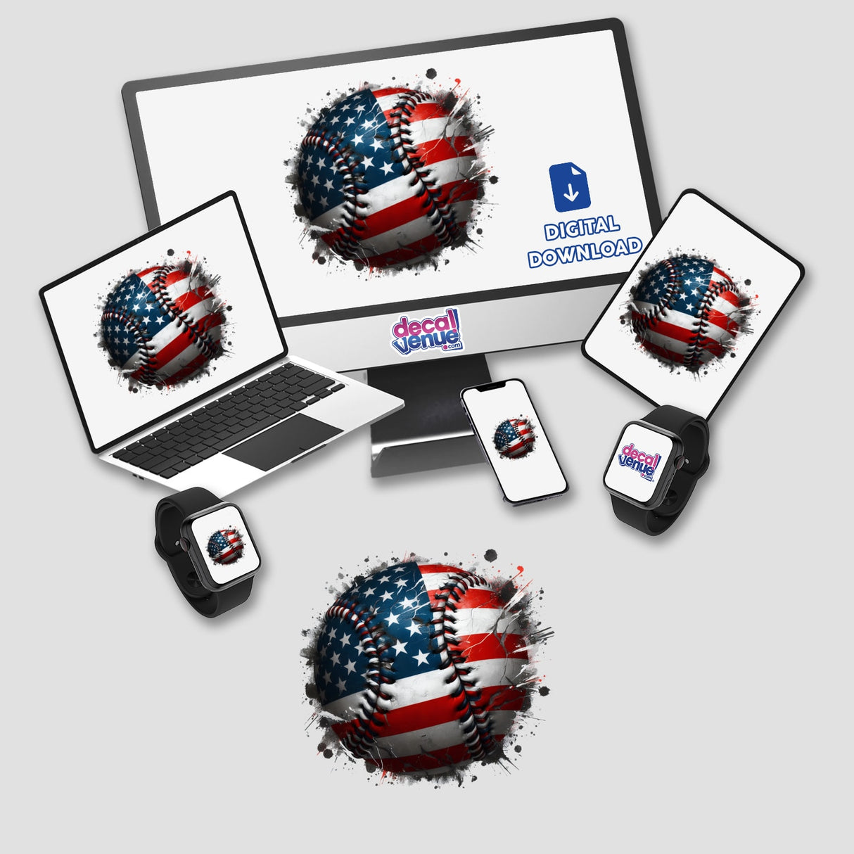 American Flag Baseball Splatter depicted on a laptop and monitor, showcasing a baseball with a flag motif. Available as unique stickers or digital artwork from Decal Venue.
