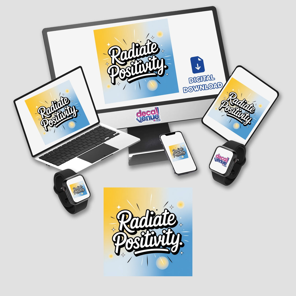 Radiate positivity with a digital artwork featuring a computer monitor, laptop, phone, tablet, and smartwatch, displaying vibrant graphics. Ideal as stickers or digital art from Decal Venue.