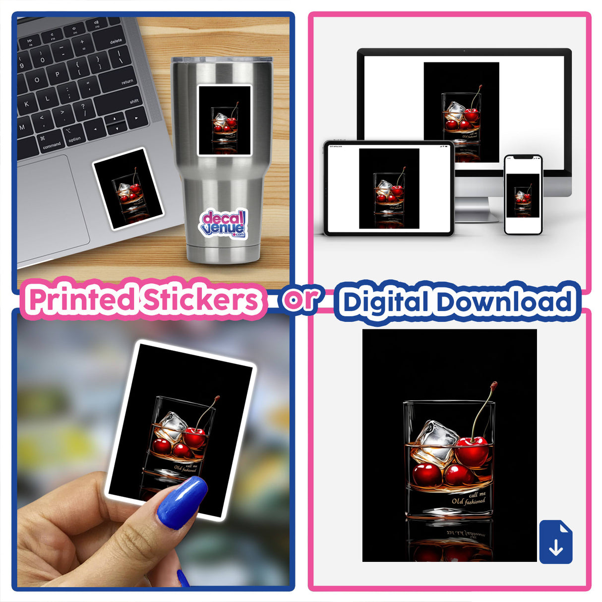 Elegant Old Fashioned Cocktail with Cherries and Ice depicted as digital artwork collage featuring a laptop, phone, and glass with ice and cherries, available as stickers or digital artwork.