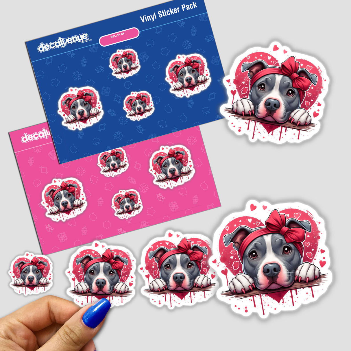 Splatter Hearts Peeking Pitbull Dog stickers featuring cartoonish dog faces with bows and hearts, ideal for vinyl sticker collections or digital artwork enthusiasts at Decal Venue.