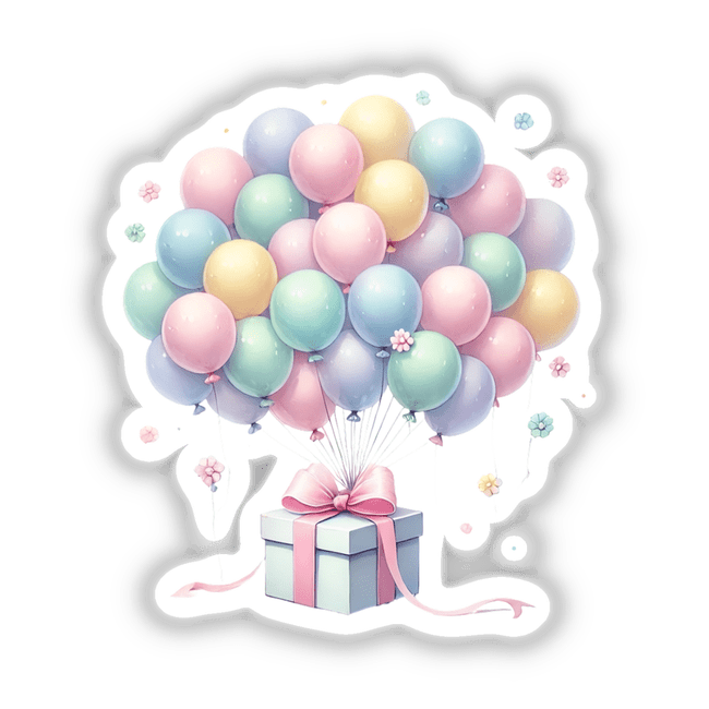 Colorful pastel balloons tied to a gift box, creating a festive and whimsical display.